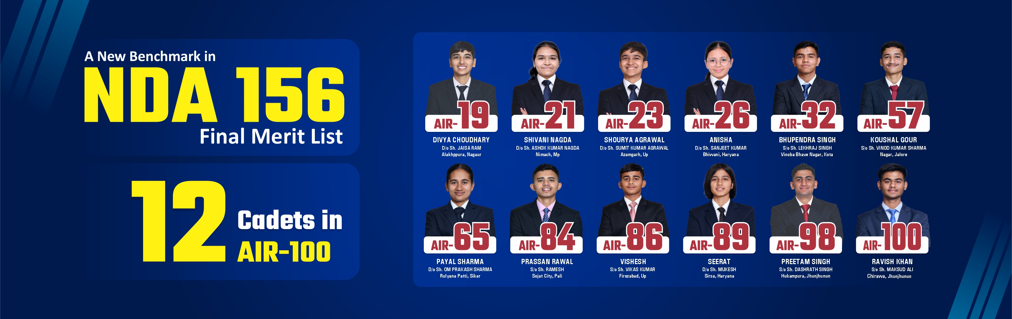 Prince-supplied NDA 156 results banner with student photographs and reported list positions.
